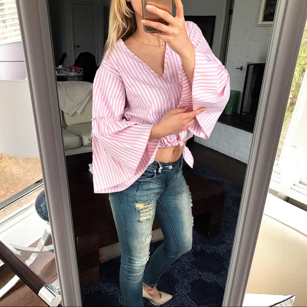 White Peach Stripe Bell Sleeve Wrap Top - Picture 2 of 8